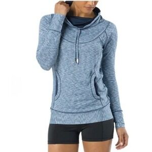 Women's Blue Heathered Cowl Neck Long Sleeve Athleisure Top Pockets